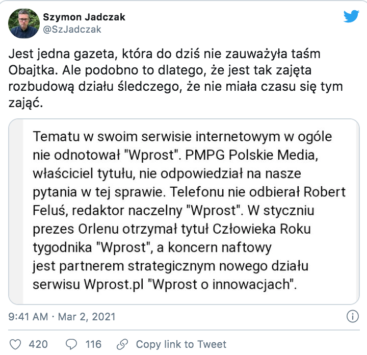 "Wprost" nie zauważył taśm Obajtka, Orlen "partnerem strategicznym"