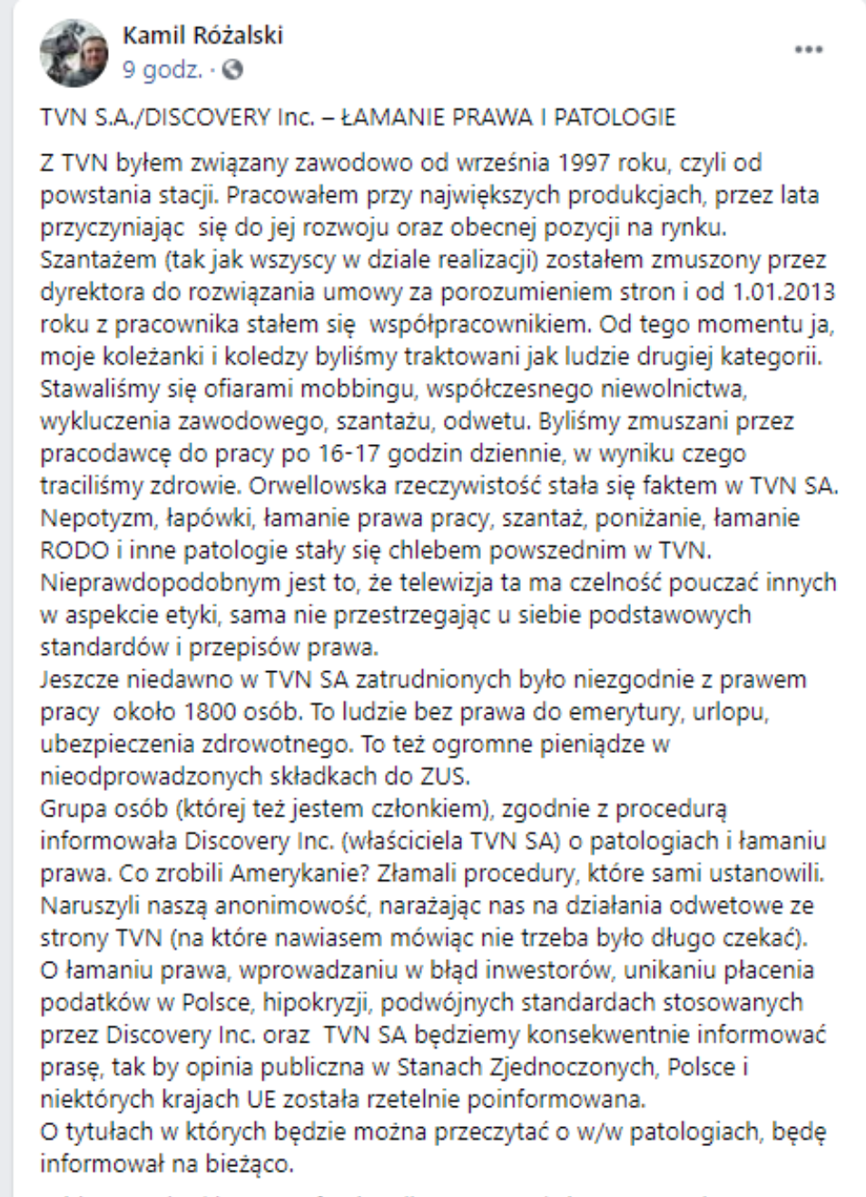 Pracownik TVN o łamaniu prawa i patologiach w pracy