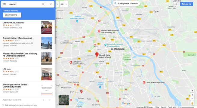 Oznaczenie meczetów na Google Maps, wersja komputerowa.