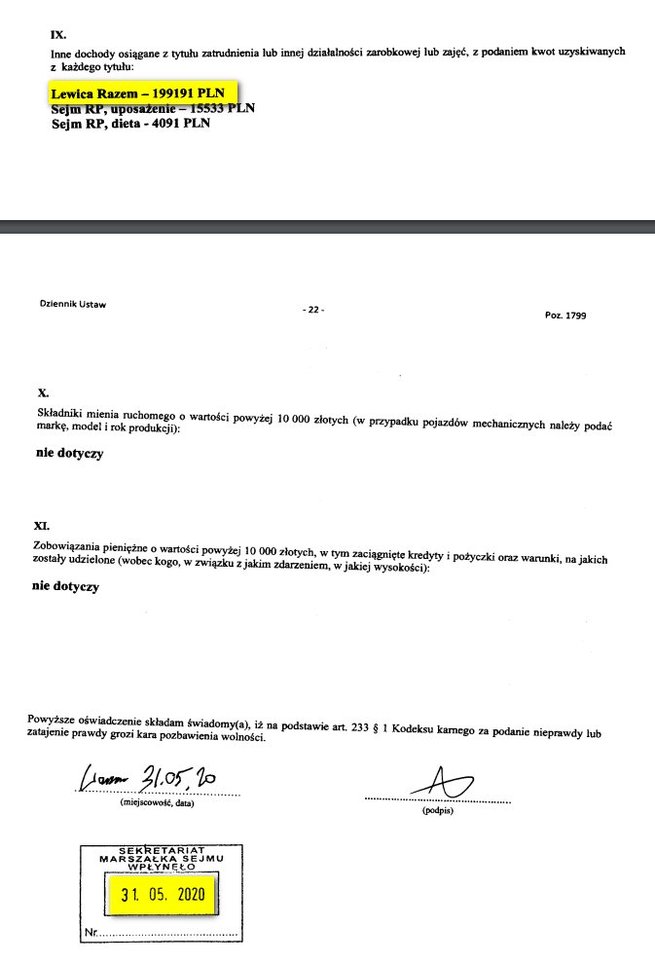 screen z oświadczenia majątkowego złożonego przez Adriana Zandberga w 2020 roku