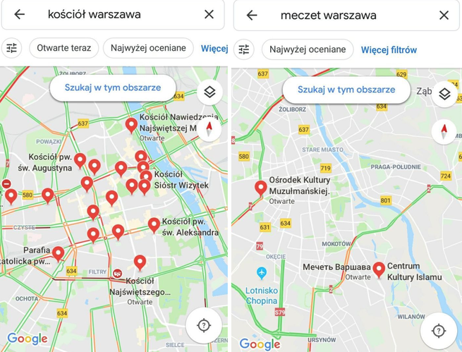 Oznaczenie kościołów i meczetów na Google Maps, wersja na Androida.