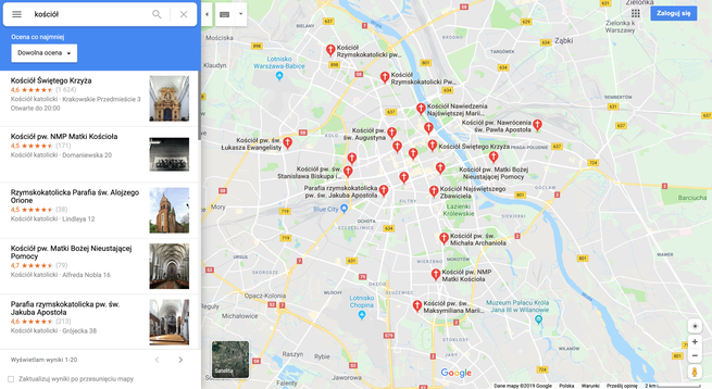 Oznaczenie kościołów na Google Maps, wersja komputerowa.