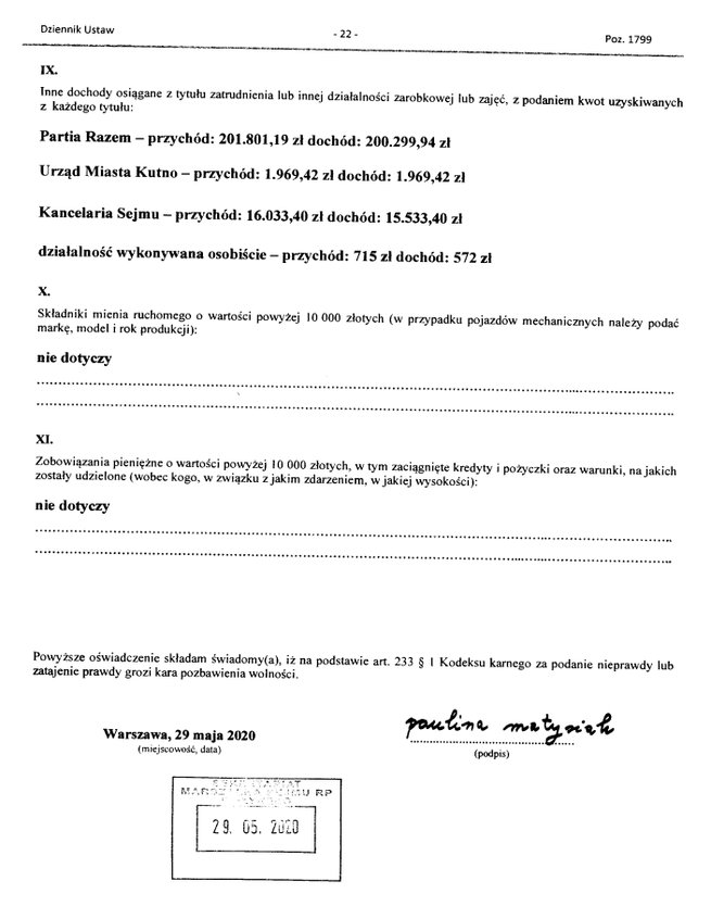 screen z oświadczenia majątkowego złożonego przez Paulinę Matysiak w 2020 roku