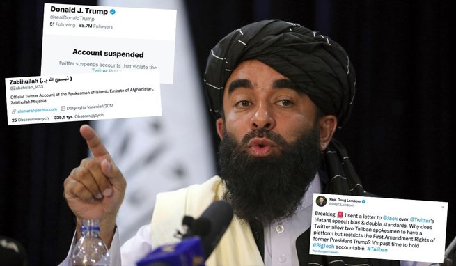 Rzecznik talibów Zabihullah Mujahid podczas konferencji prasowej, fot. East News / Twitter