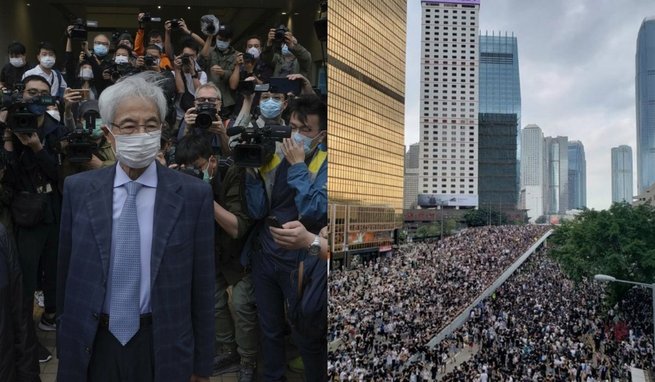 Martin Lee przed ogłoszeniem wyroku / protesty w Hong Kongu w 2019 roku, fot. East News