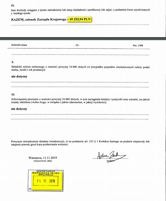 screen z oświadczenia majątkowego złożonego przez Adriana Zandberga w 2019 roku