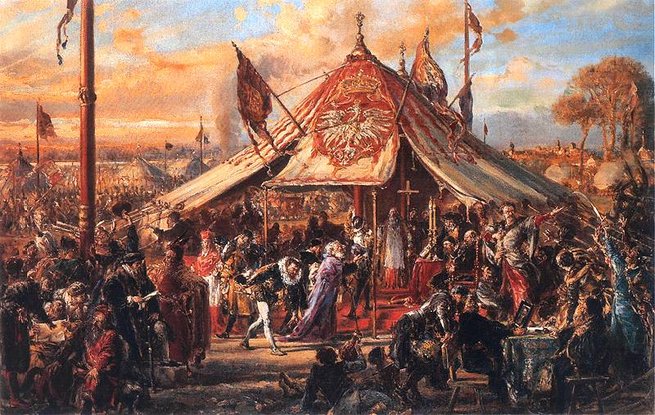 Jan Matejko ,,Potęga Rzeczypospolitej u zenitu”. Pierwsza elekcja na polach wsi Kamień.